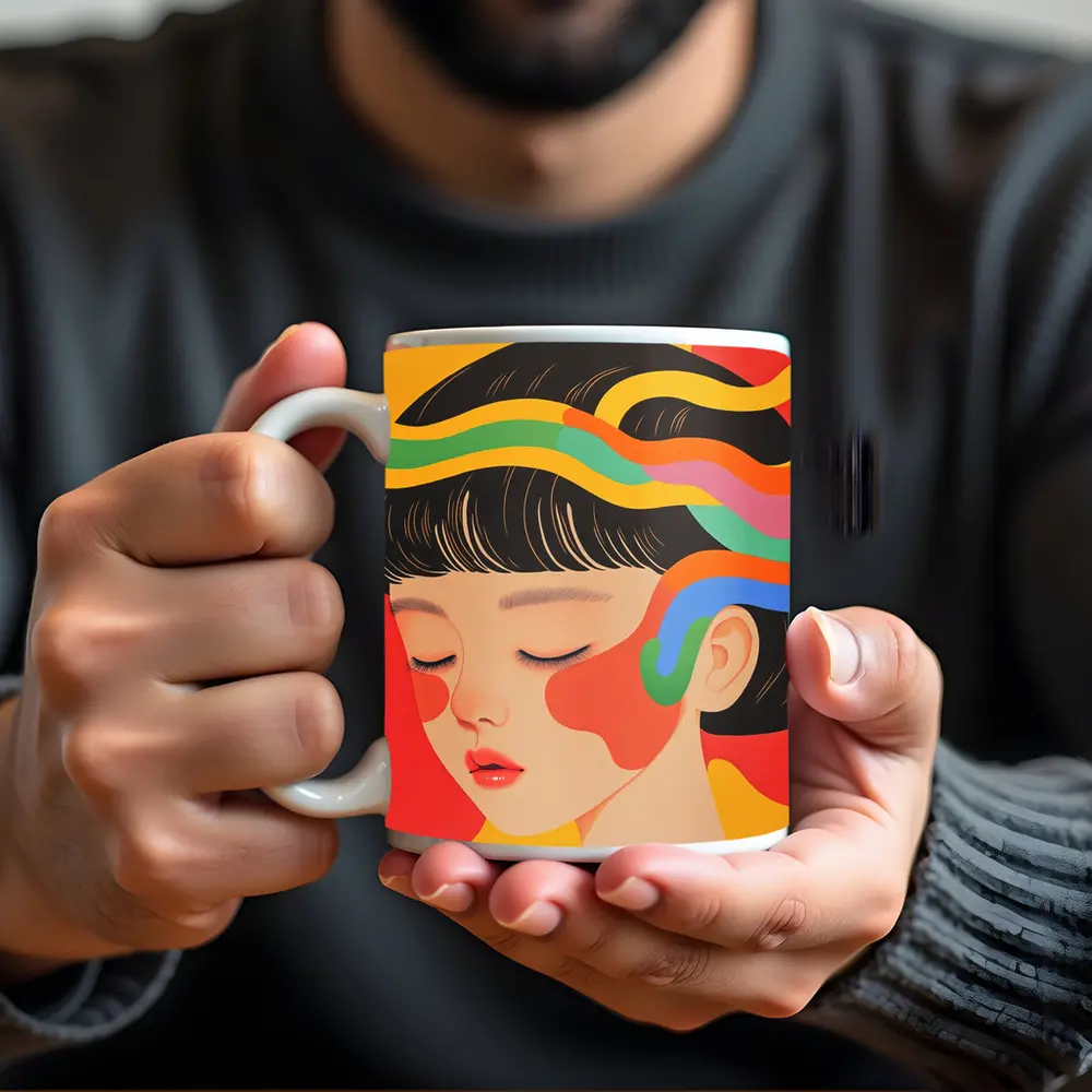 Japanese Woman Illustration Bold Colorful Waves – Mugs