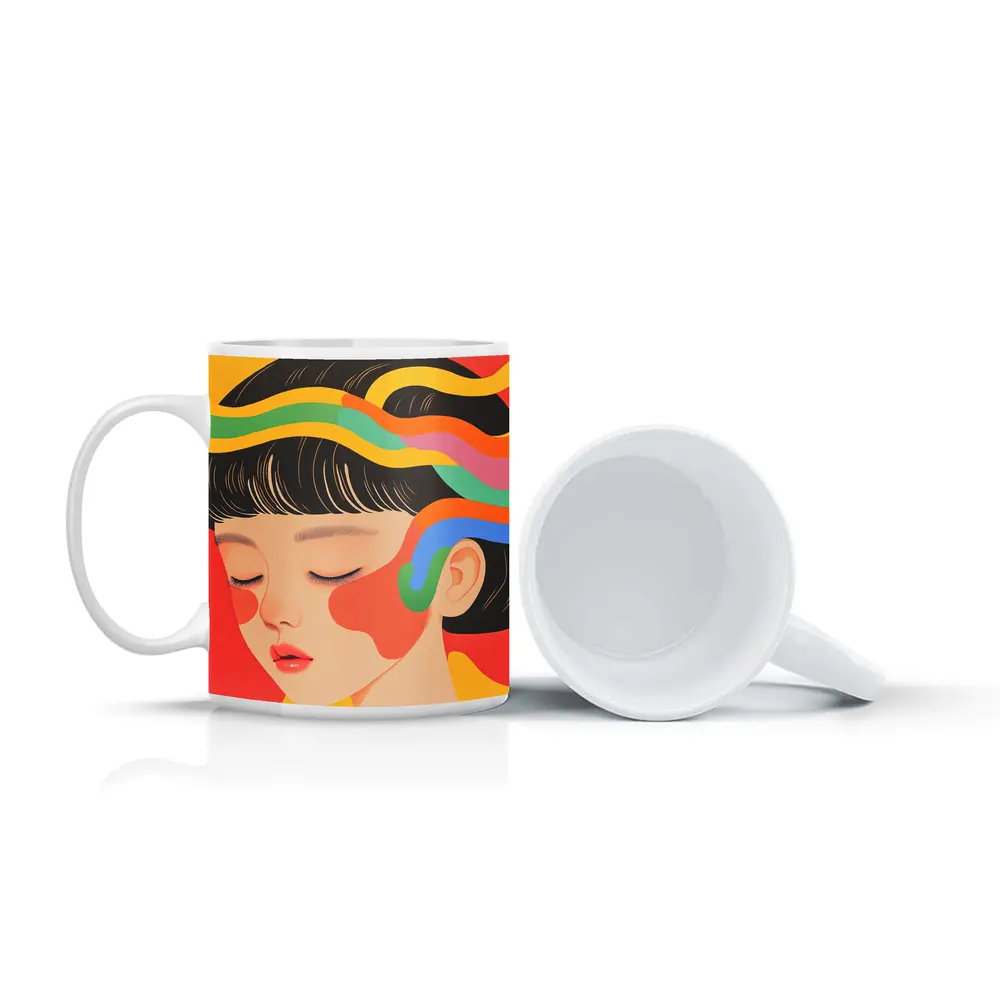 Japanese Woman Illustration Bold Colorful Waves – Mugs
