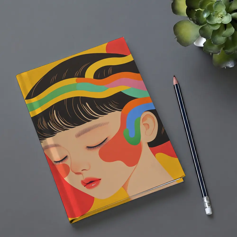 Japanese Woman Illustration Bold Colorful Waves – Notebooks