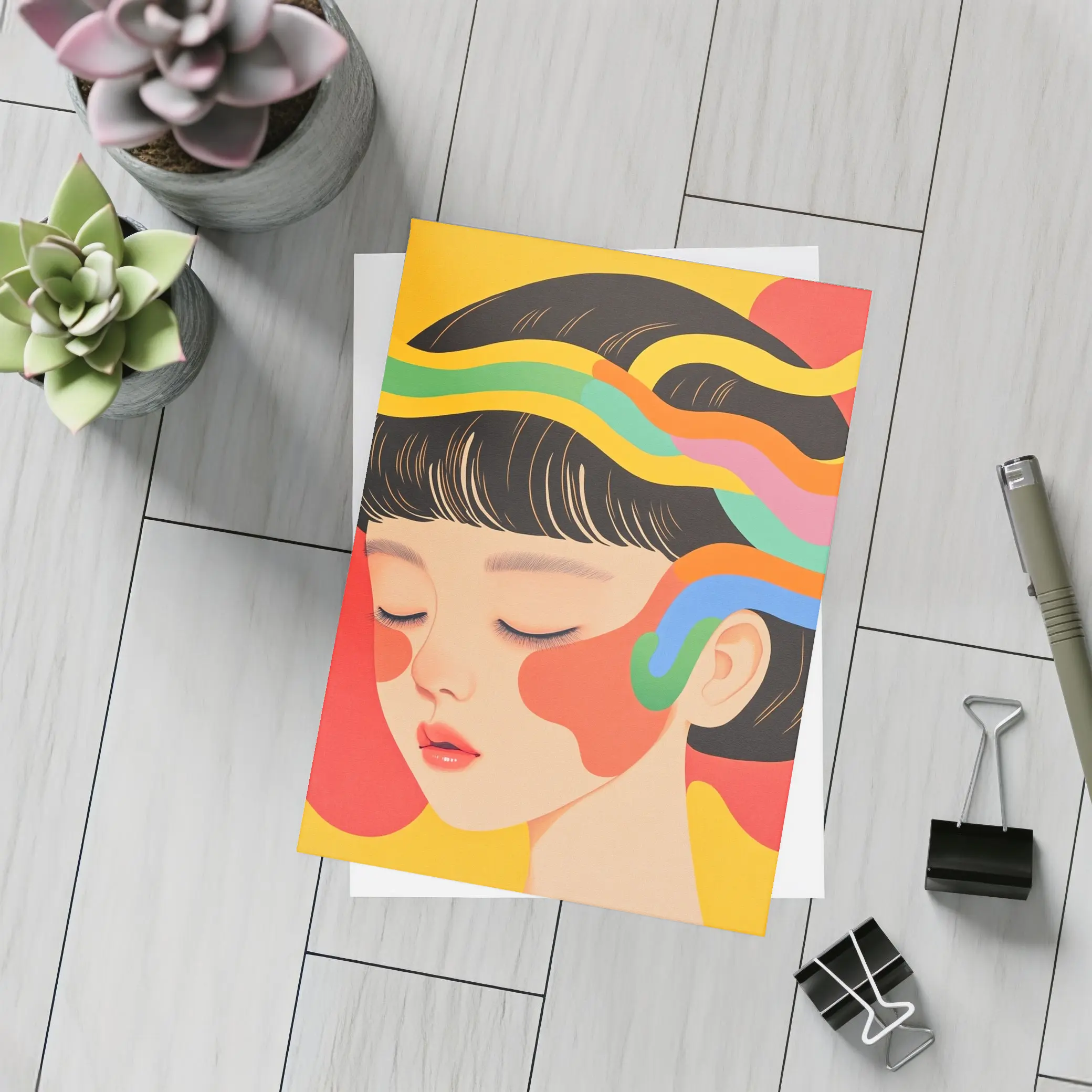 Japanese Woman Illustration Bold Colorful Waves – Postcards