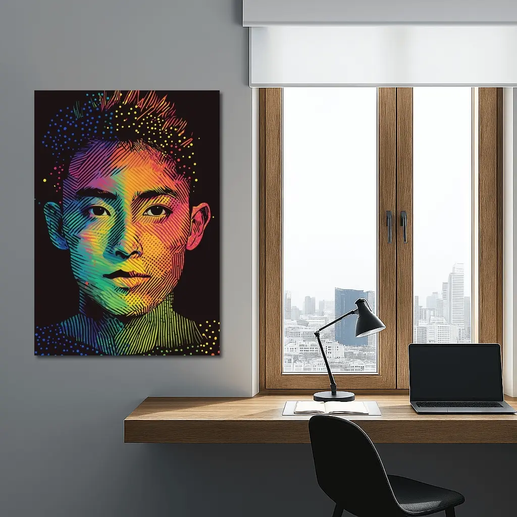 Rainbow Halftone Young Man Portrait Dark Background – Wall Art