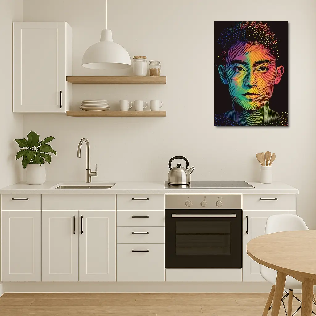 Rainbow Halftone Young Man Portrait Dark Background – Wall Art