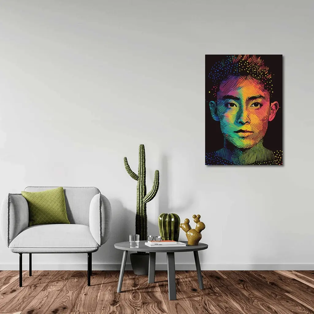 Rainbow Halftone Young Man Portrait Dark Background – Wall Art