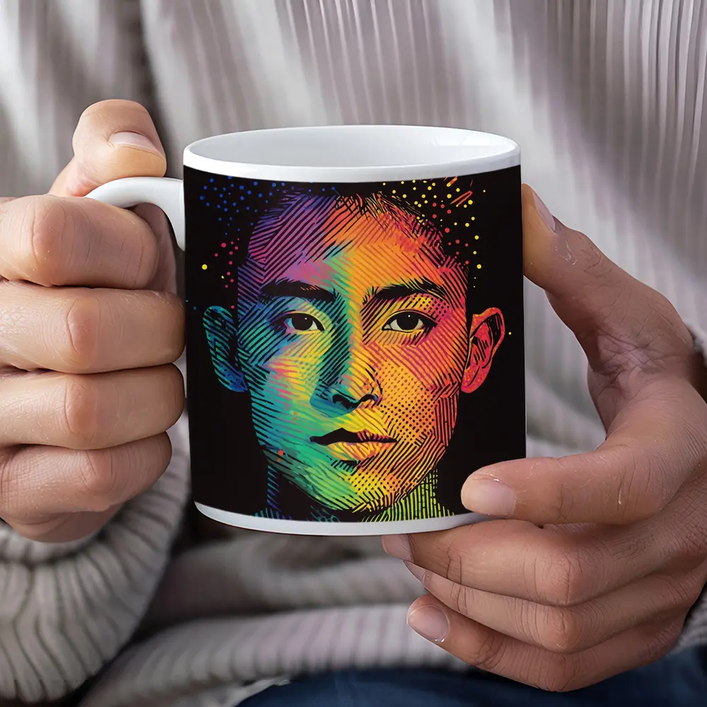 Rainbow Halftone Young Man Portrait Dark Background – Mugs