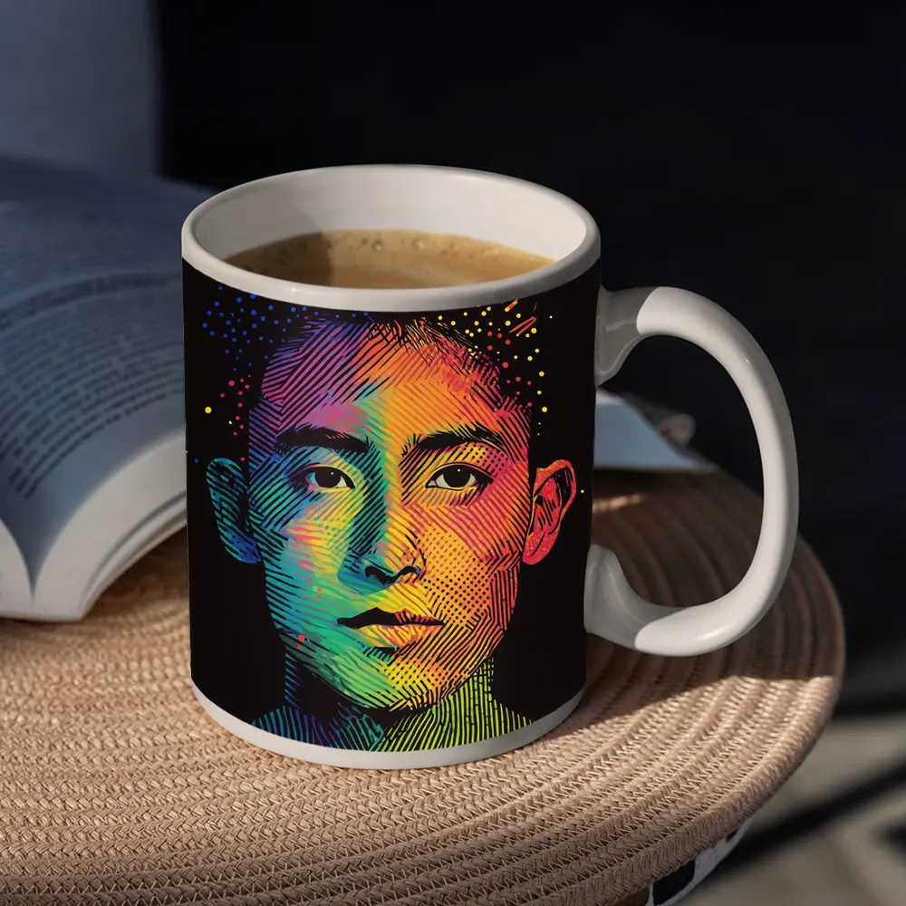 Rainbow Halftone Young Man Portrait Dark Background – Mugs