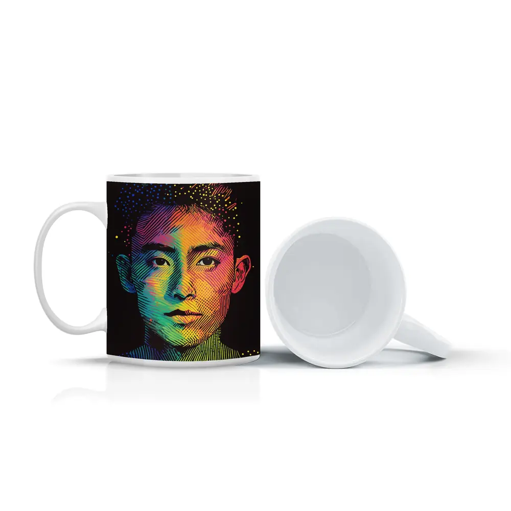 Rainbow Halftone Young Man Portrait Dark Background – Mugs