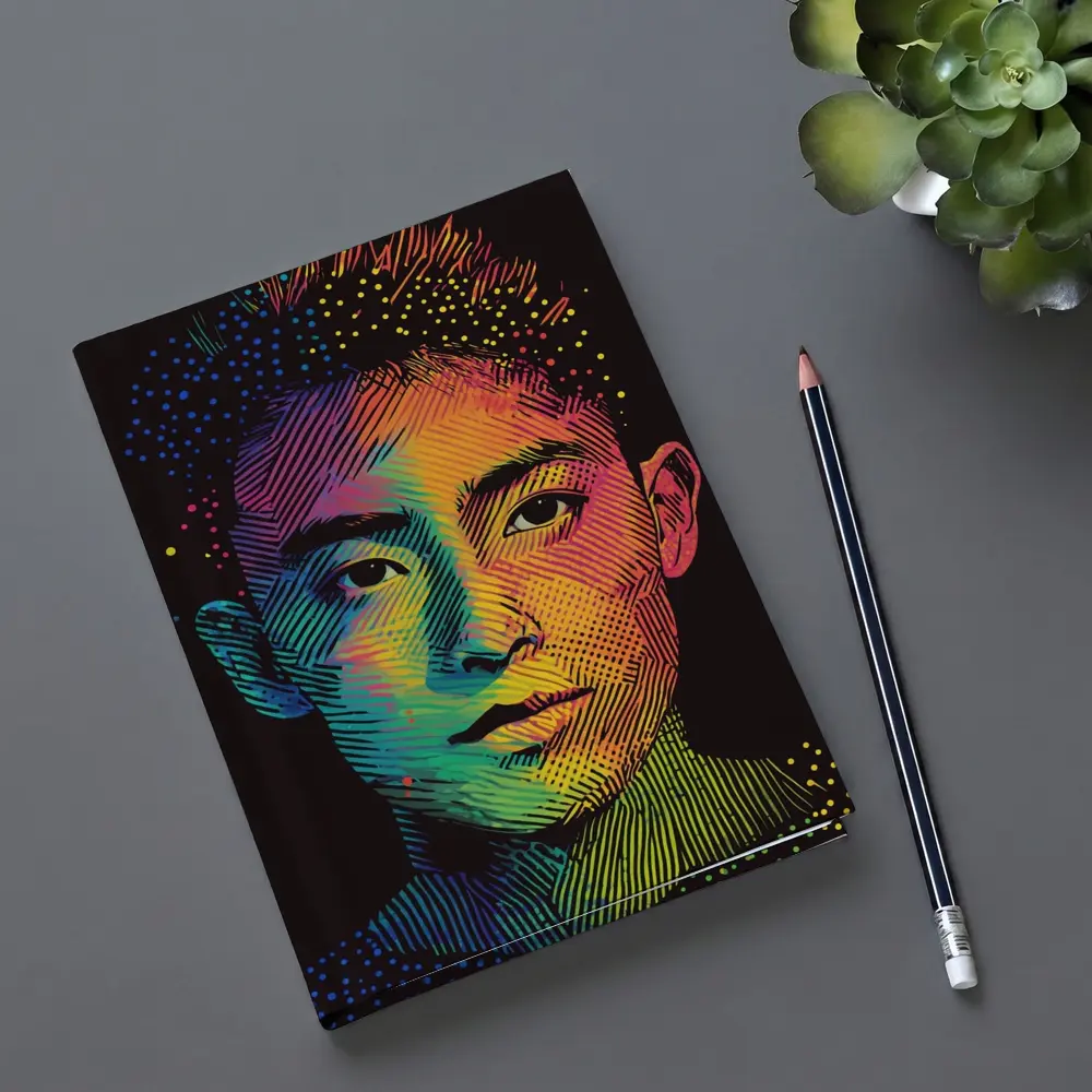 Rainbow Halftone Young Man Portrait Dark Background – Notebooks