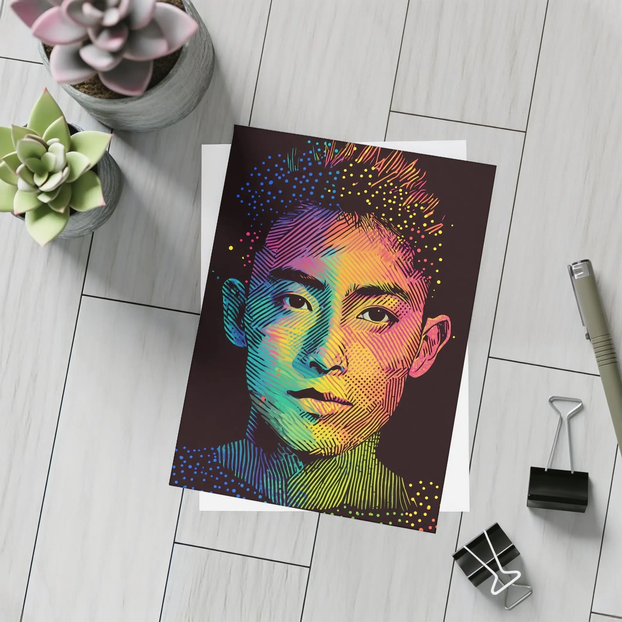 Rainbow Halftone Young Man Portrait Dark Background – Postcards