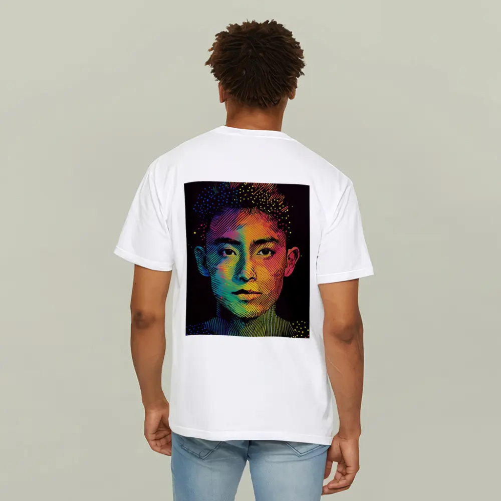 Rainbow Halftone Young Man Portrait Dark Background – T-Shirts