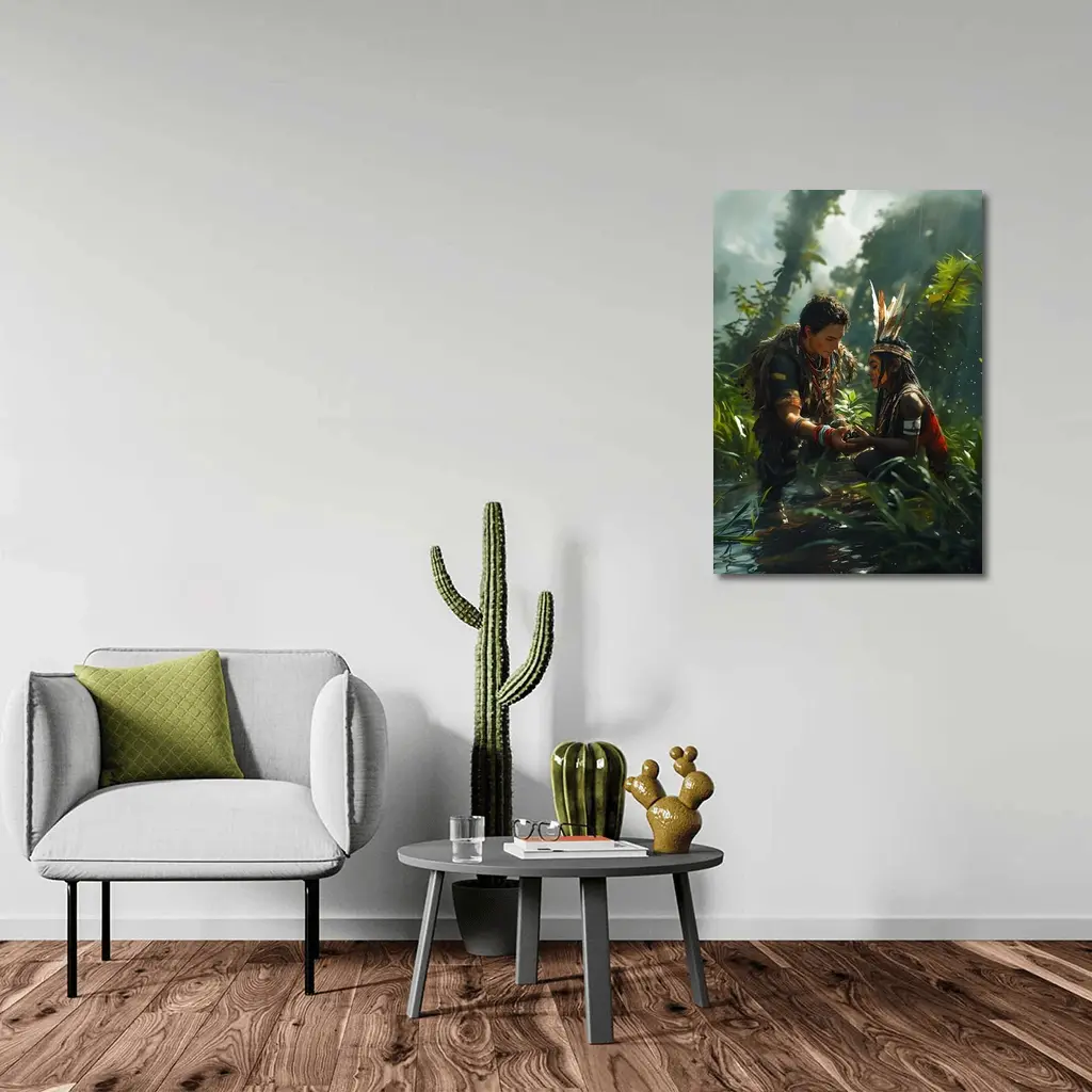 Indigenous Figures Sharing Plant in Rainforest – Wall Art