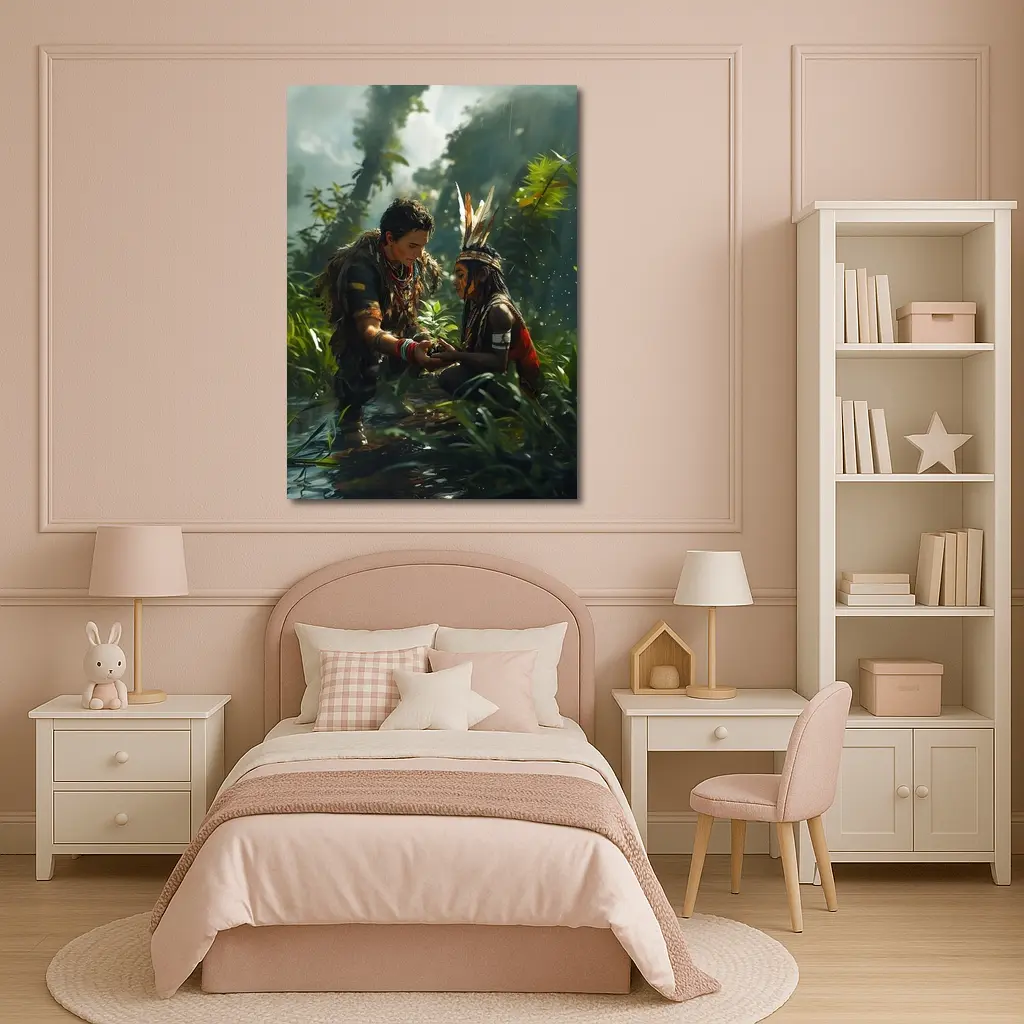 Indigenous Figures Sharing Plant in Rainforest – Wall Art