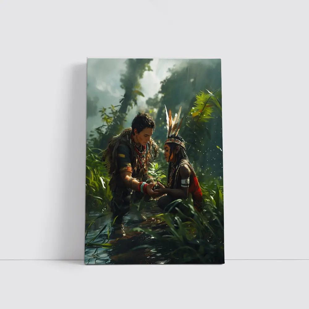 Indigenous Figures Sharing Plant in Rainforest – Wall Art