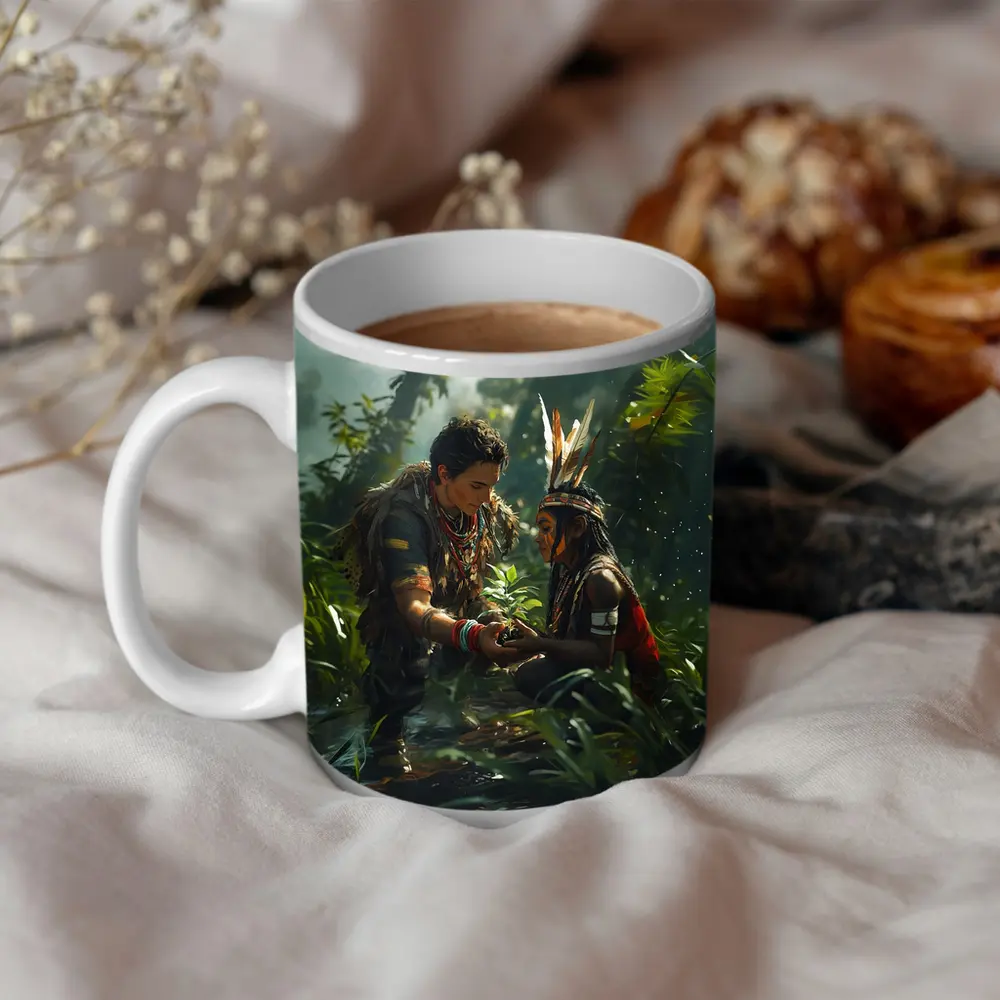 Indigenous Figures Sharing Plant in Rainforest – Mugs
