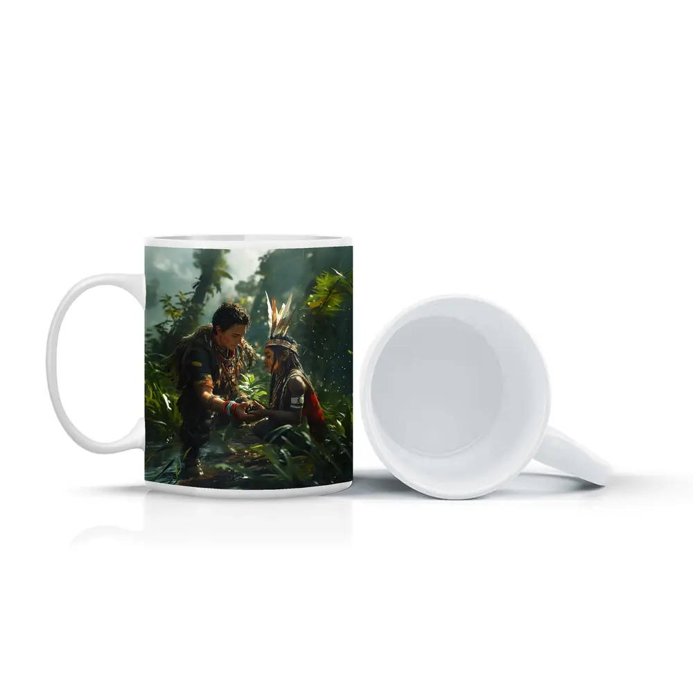 Indigenous Figures Sharing Plant in Rainforest – Mugs