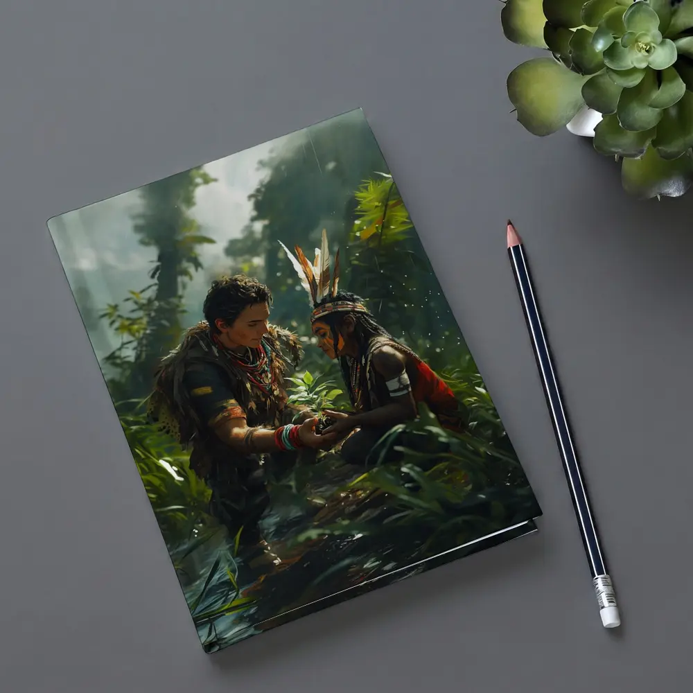 Indigenous Figures Sharing Plant in Rainforest – Notebooks