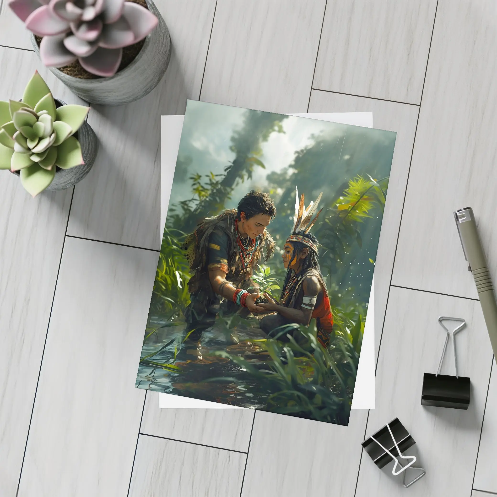 Indigenous Figures Sharing Plant in Rainforest – Postcards