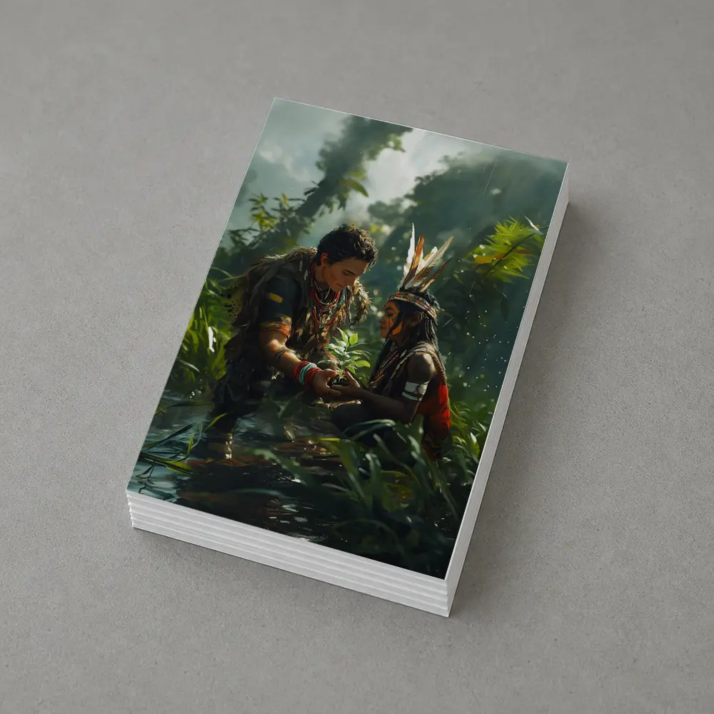 Indigenous Figures Sharing Plant in Rainforest – Postcards