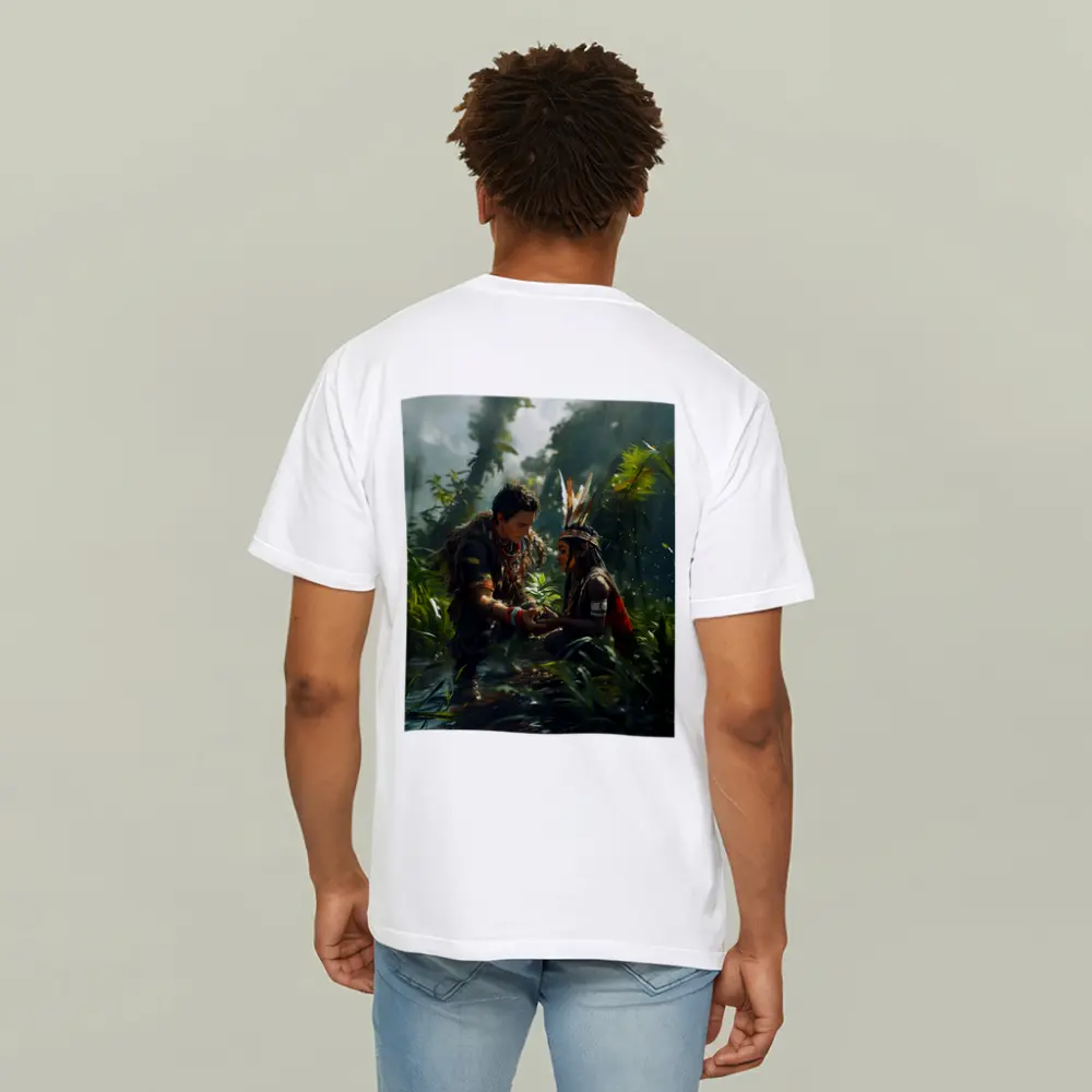 Indigenous Figures Sharing Plant in Rainforest – T-Shirts