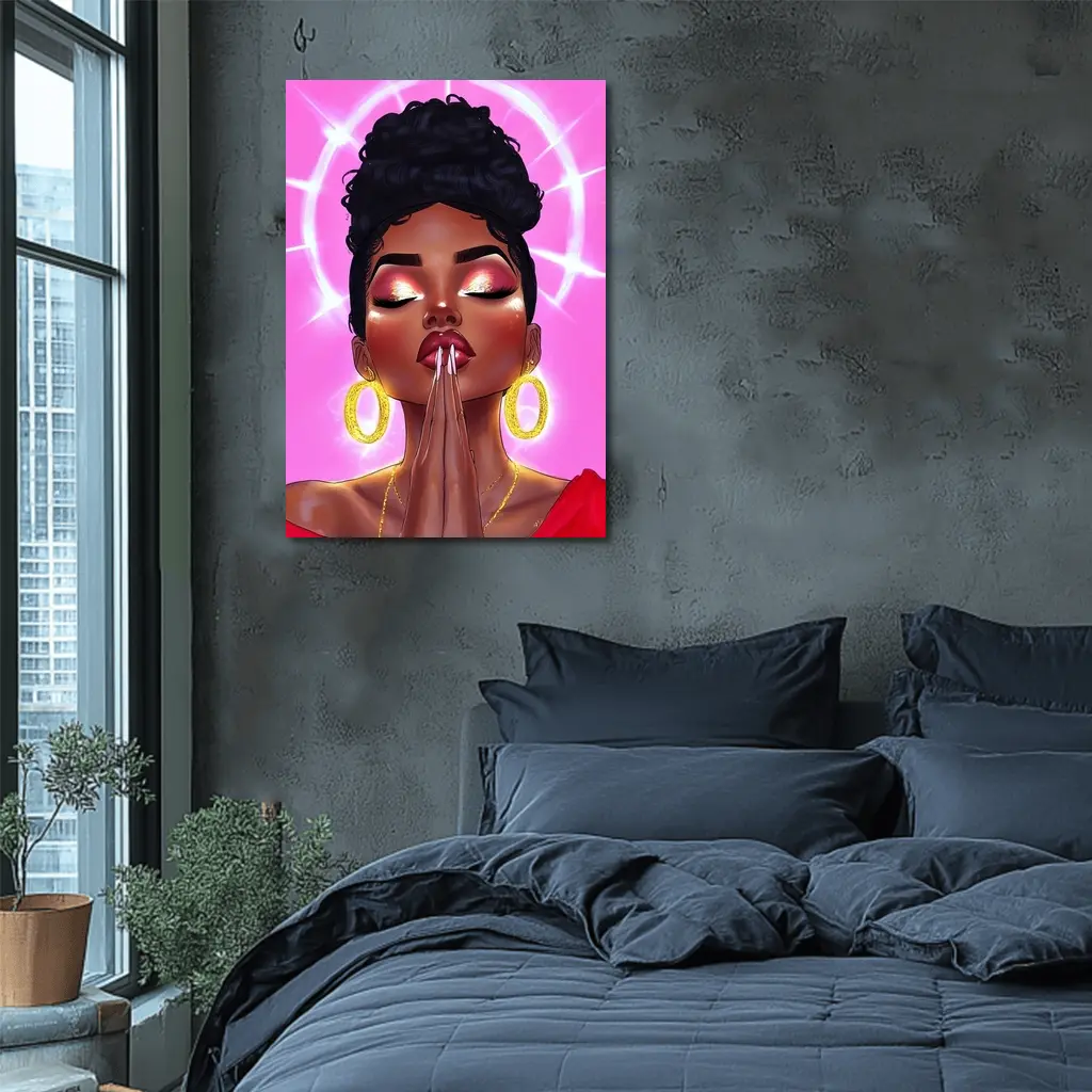 Praying Black Woman Illustration Pink Background – Wall Art