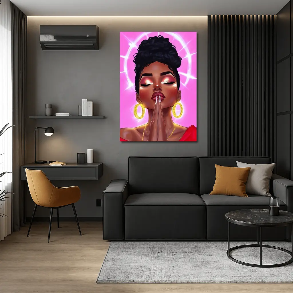 Praying Black Woman Illustration Pink Background – Wall Art