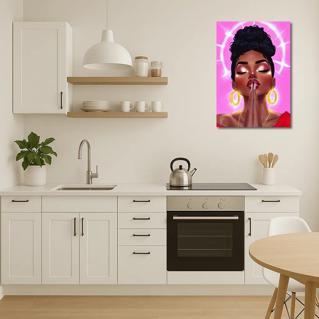 Praying Black Woman Illustration Pink Background – Wall Art
