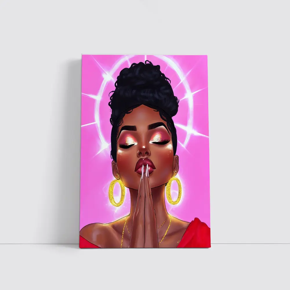 Praying Black Woman Illustration Pink Background – Wall Art