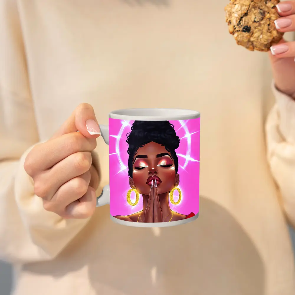Praying Black Woman Illustration Pink Background – Mugs