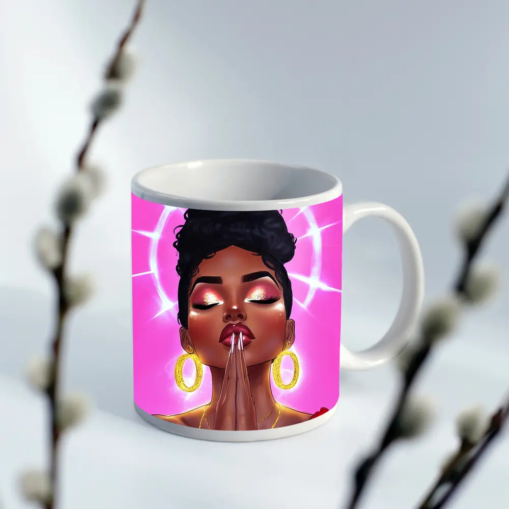 Praying Black Woman Illustration Pink Background – Mugs