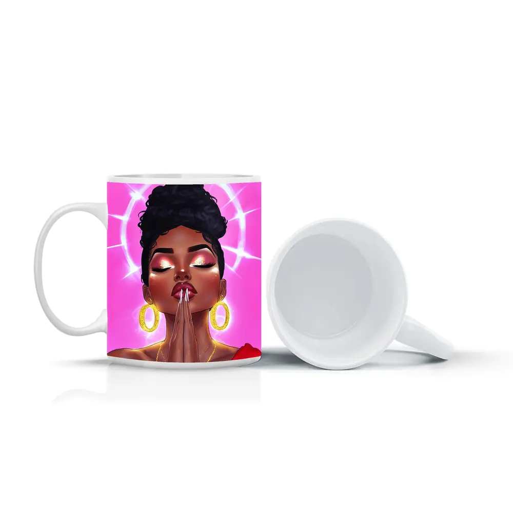 Praying Black Woman Illustration Pink Background – Mugs