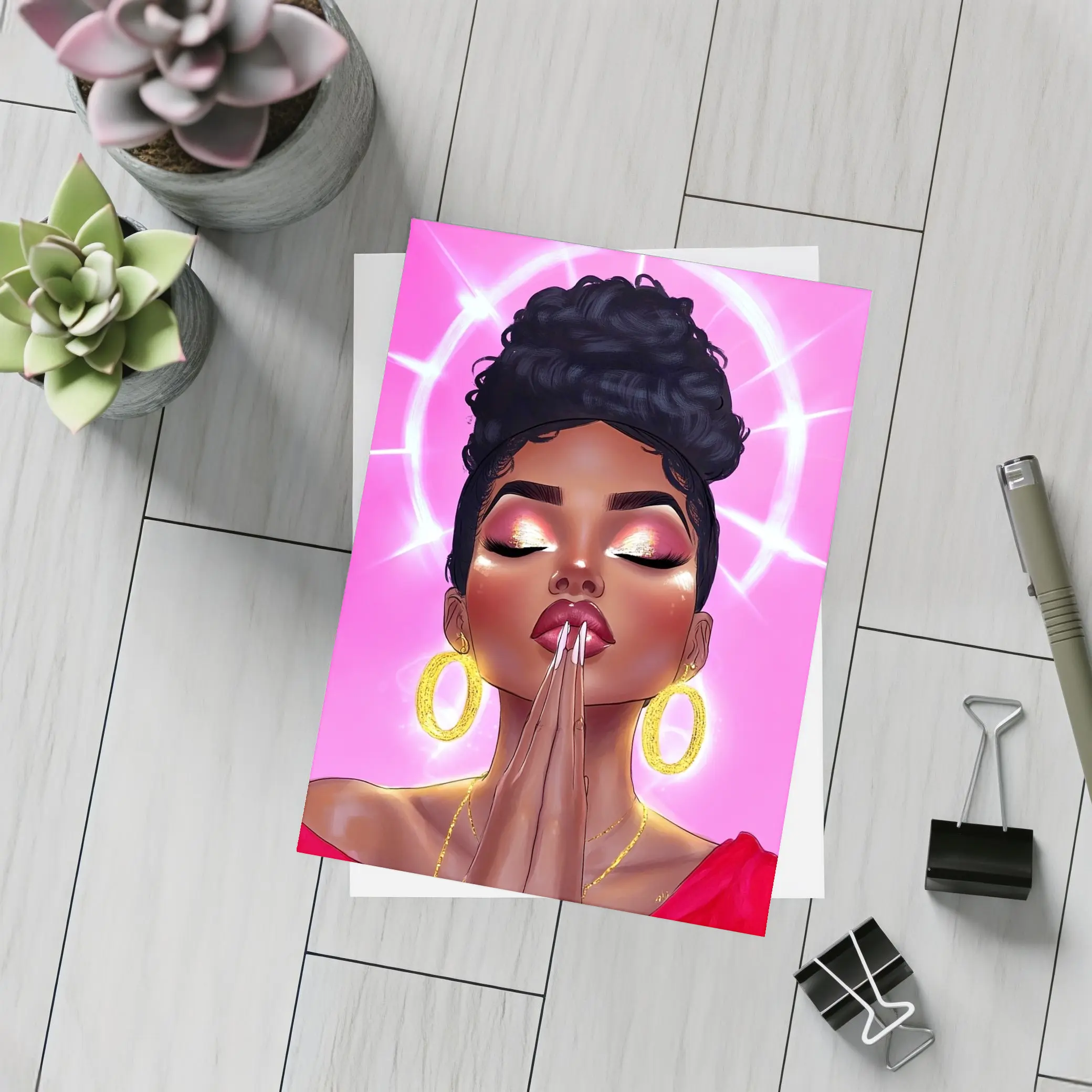 Praying Black Woman Illustration Pink Background – Postcards