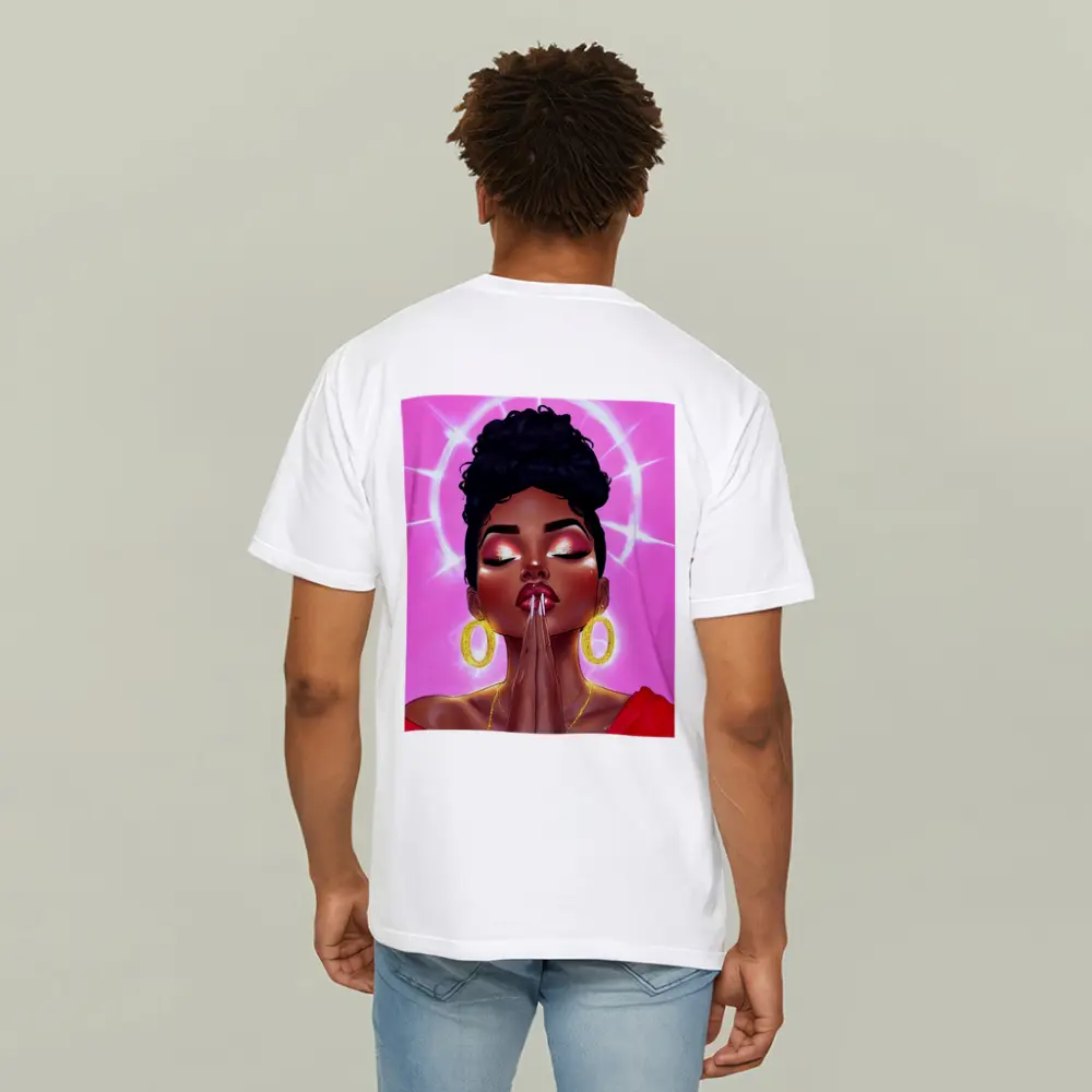 Praying Black Woman Illustration Pink Background – T-Shirts