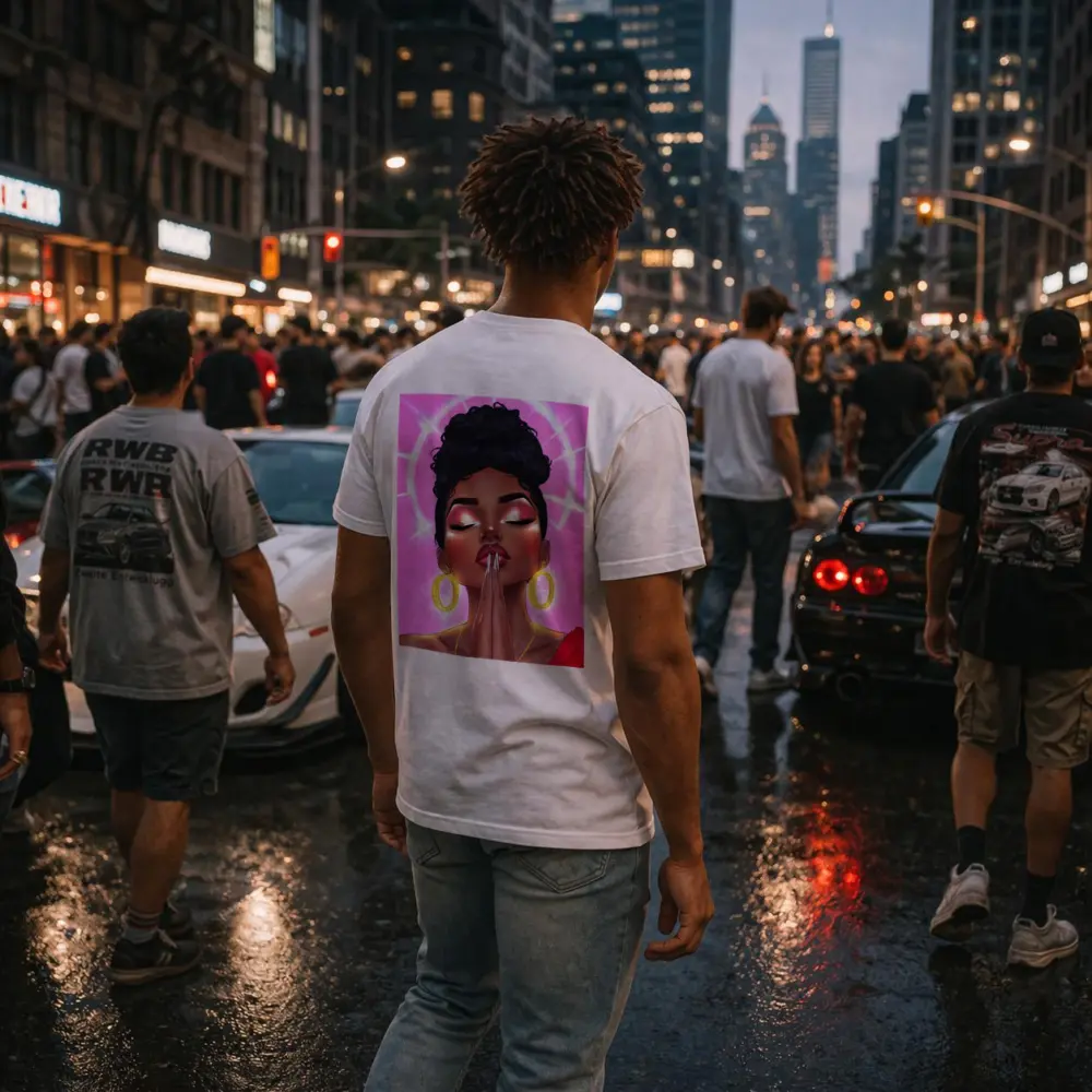 Praying Black Woman Illustration Pink Background – T-Shirts