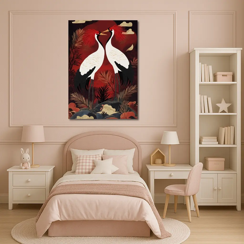 Red Crowned Cranes Japanese Dark Red Art – Wall Art