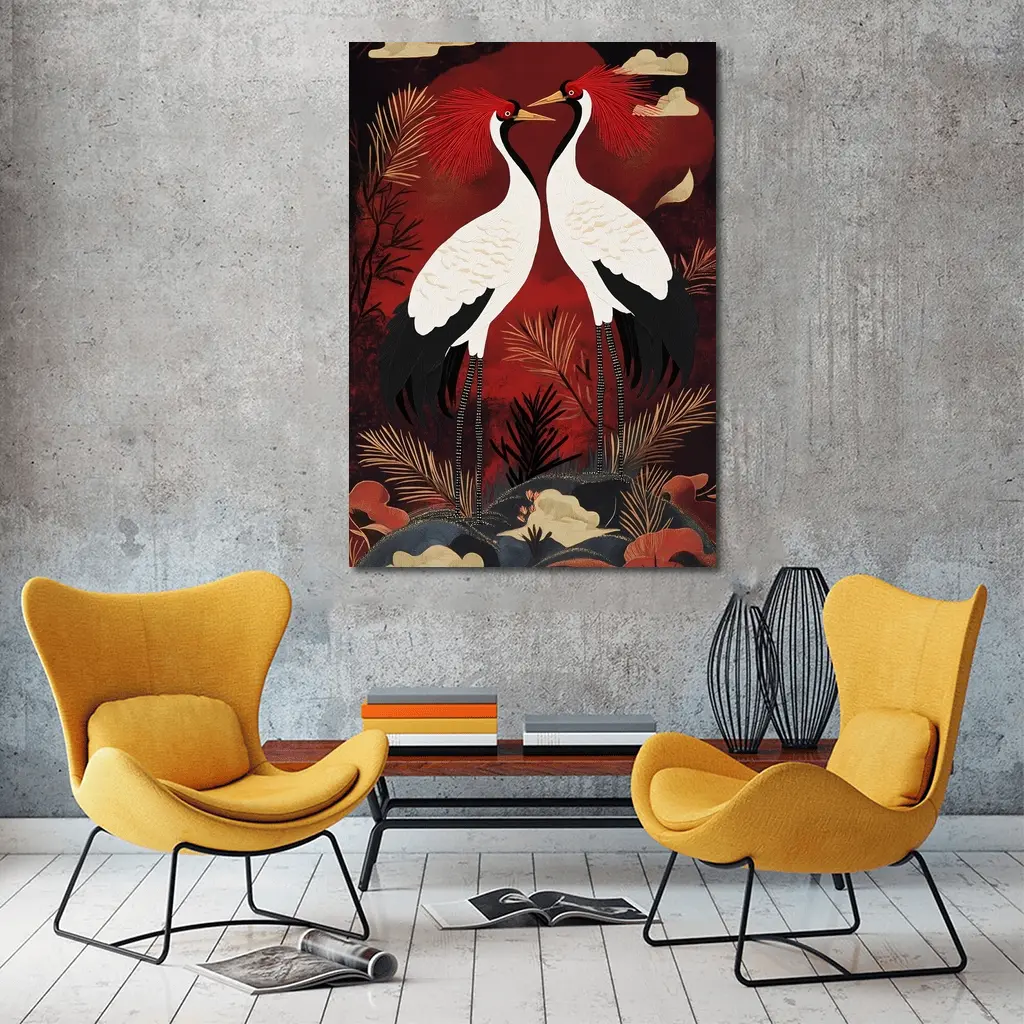Red Crowned Cranes Japanese Dark Red Art – Wall Art