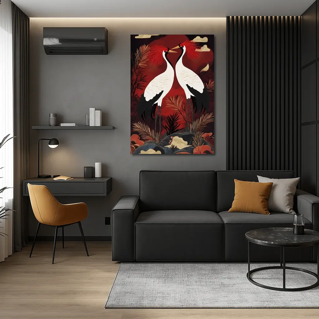 Red Crowned Cranes Japanese Dark Red Art – Wall Art