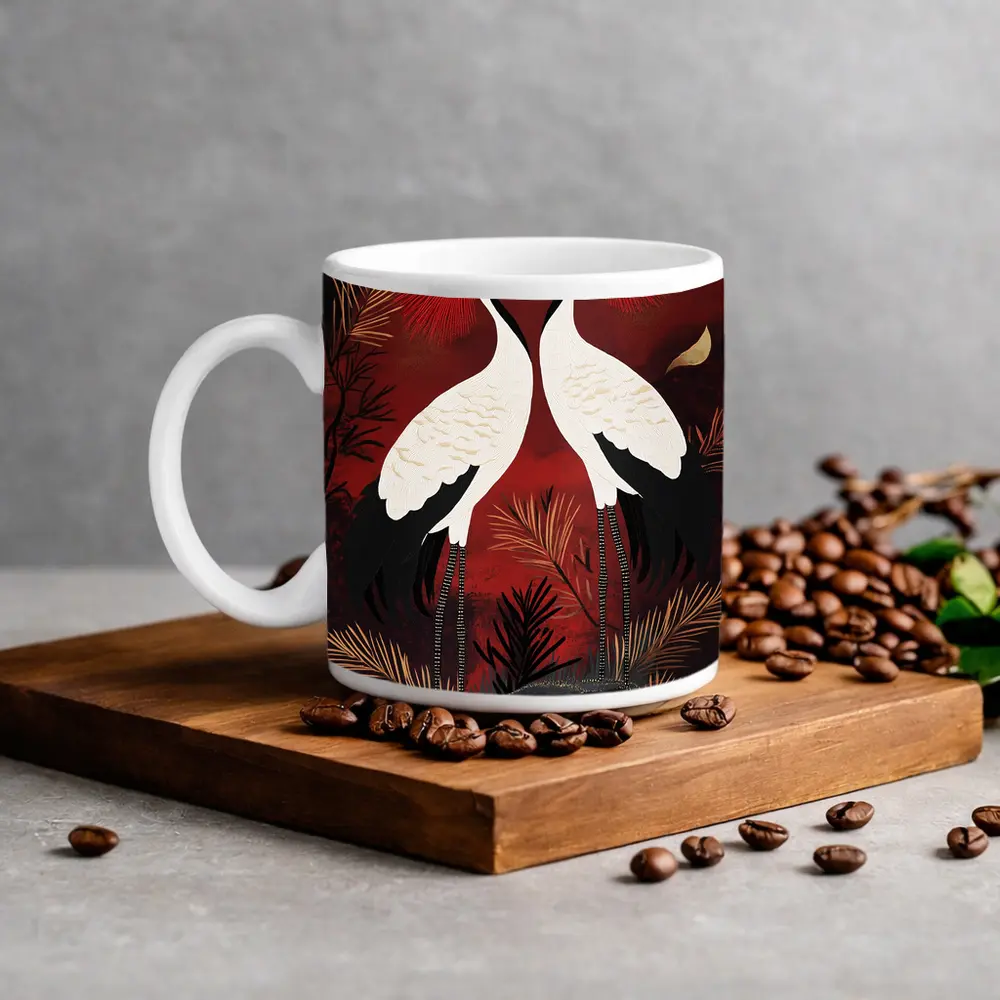 Red Crowned Cranes Japanese Dark Red Art – Mugs