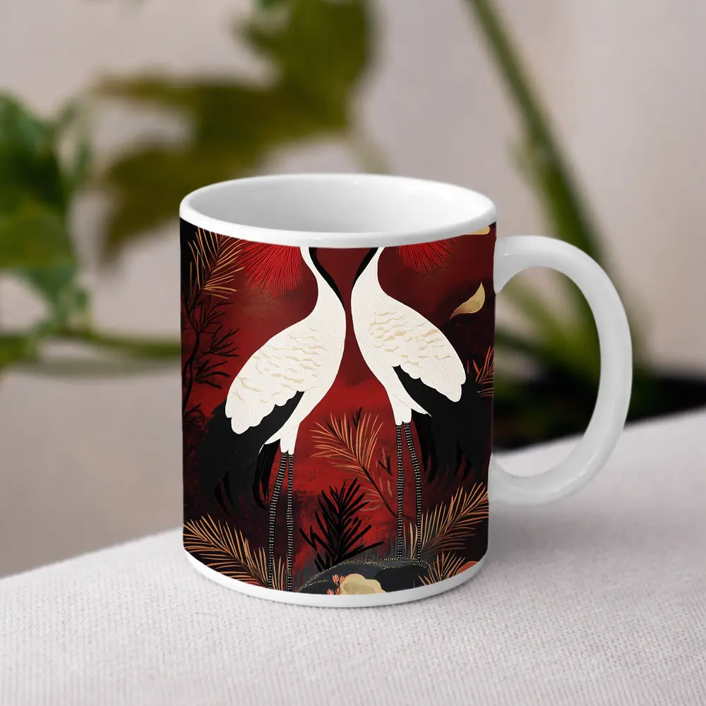 Red Crowned Cranes Japanese Dark Red Art – Mugs