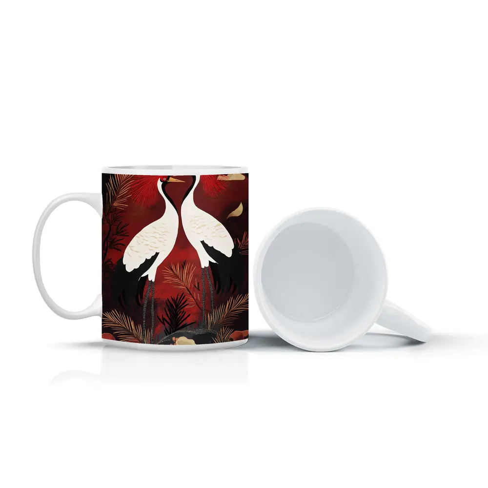 Red Crowned Cranes Japanese Dark Red Art – Mugs