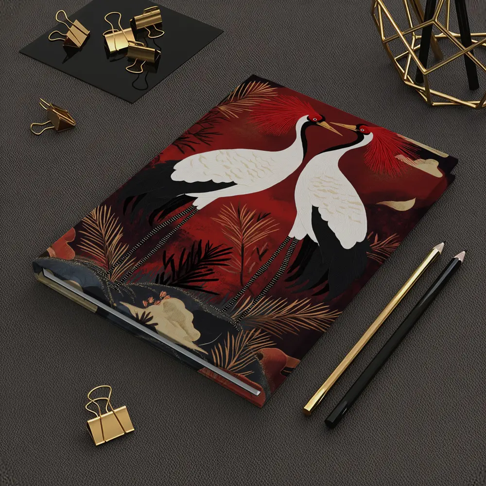 Red Crowned Cranes Japanese Dark Red Art – Notebooks