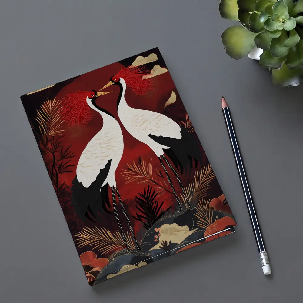 Red Crowned Cranes Japanese Dark Red Art – Notebooks