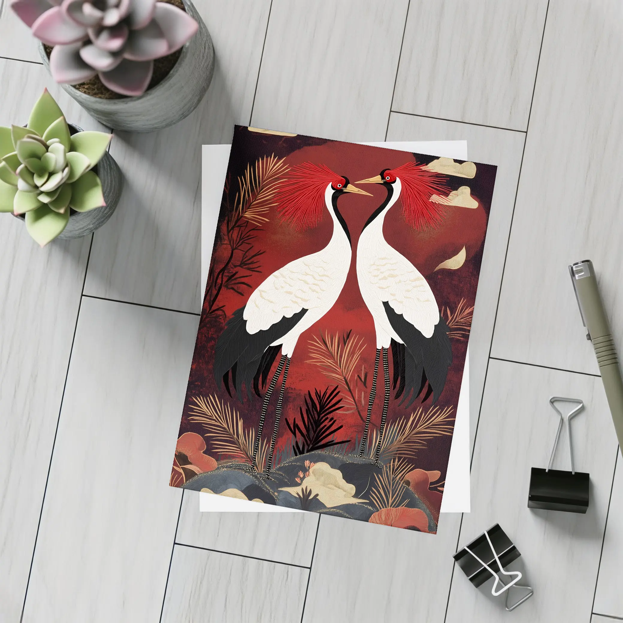 Red Crowned Cranes Japanese Dark Red Art – Postcards