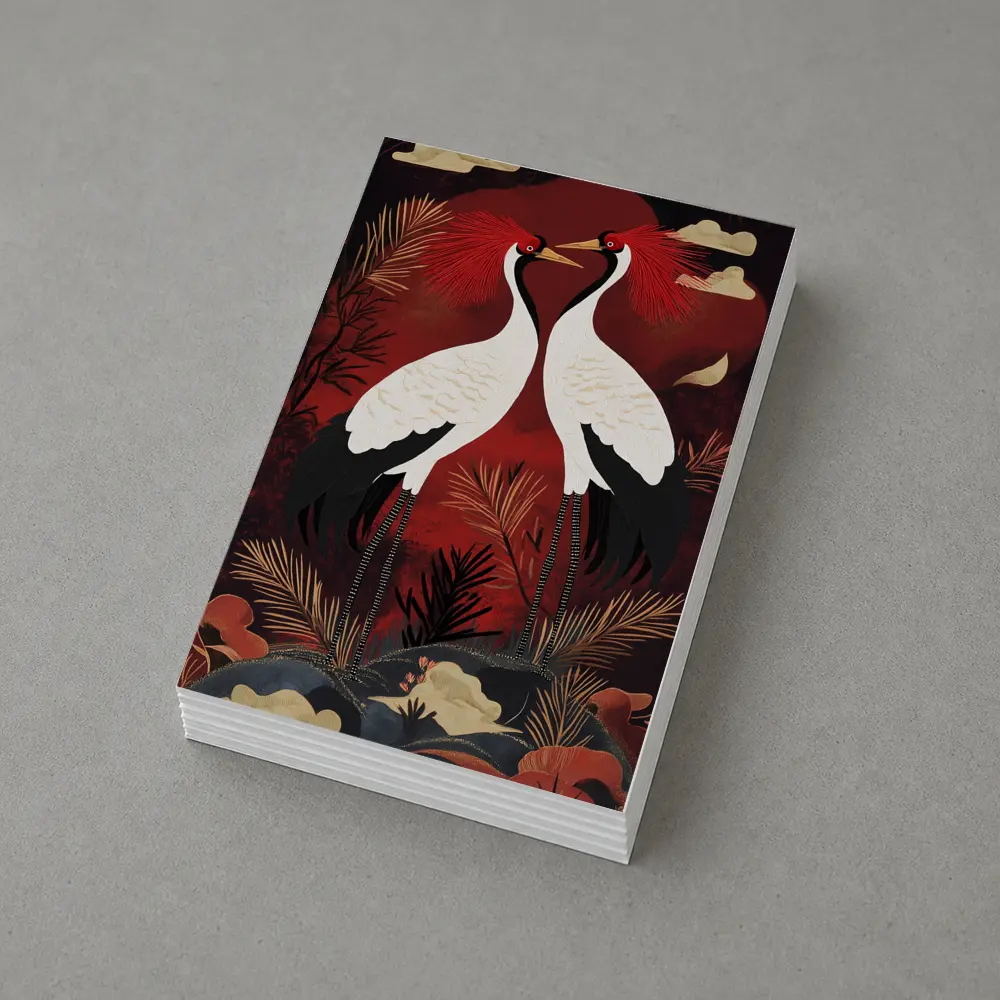 Red Crowned Cranes Japanese Dark Red Art – Postcards