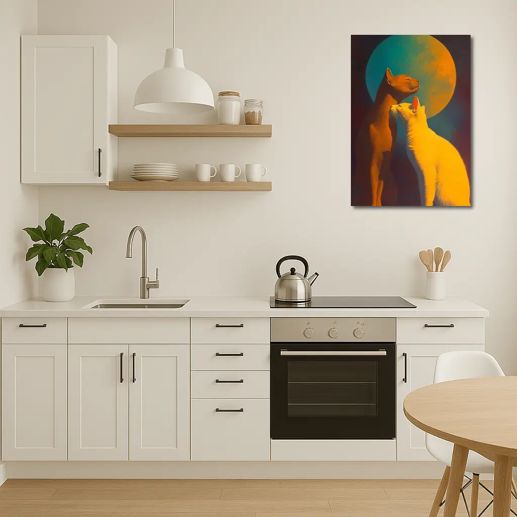 Two Cats Gazing at Teal Moon – Wall Art