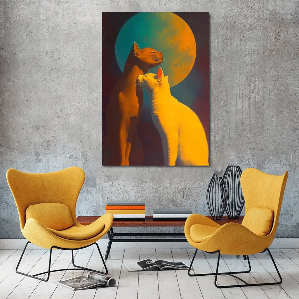 Two Cats Gazing at Teal Moon – Wall Art