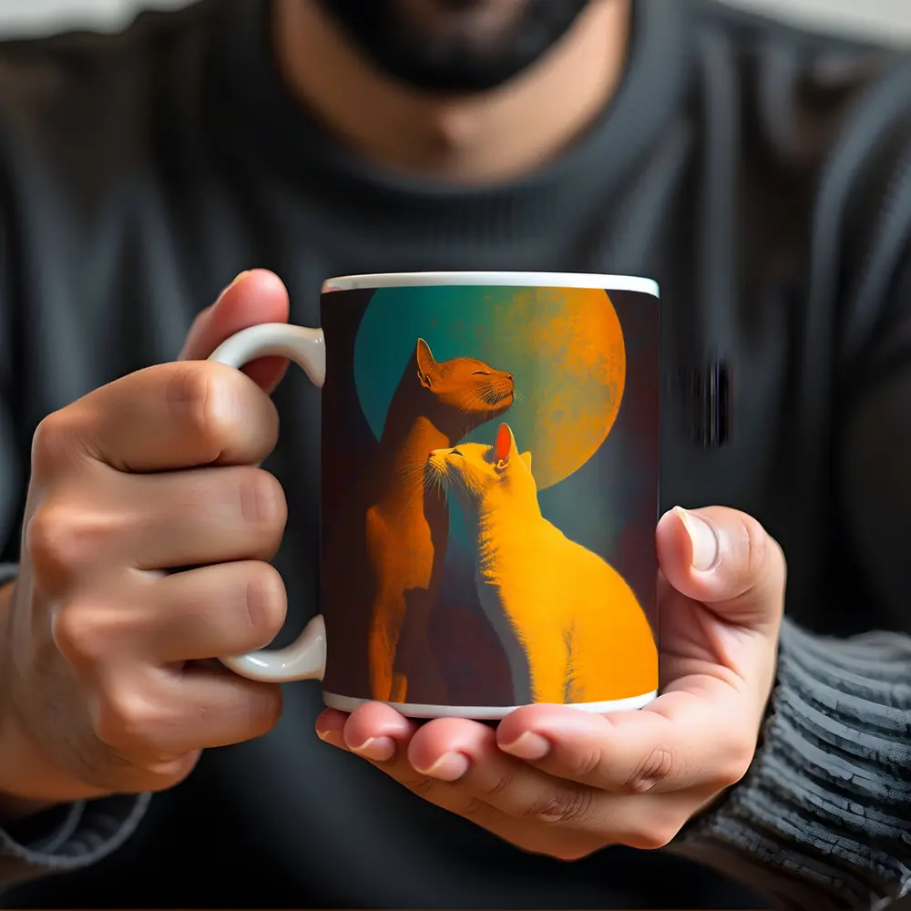 Two Cats Gazing at Teal Moon – Mugs
