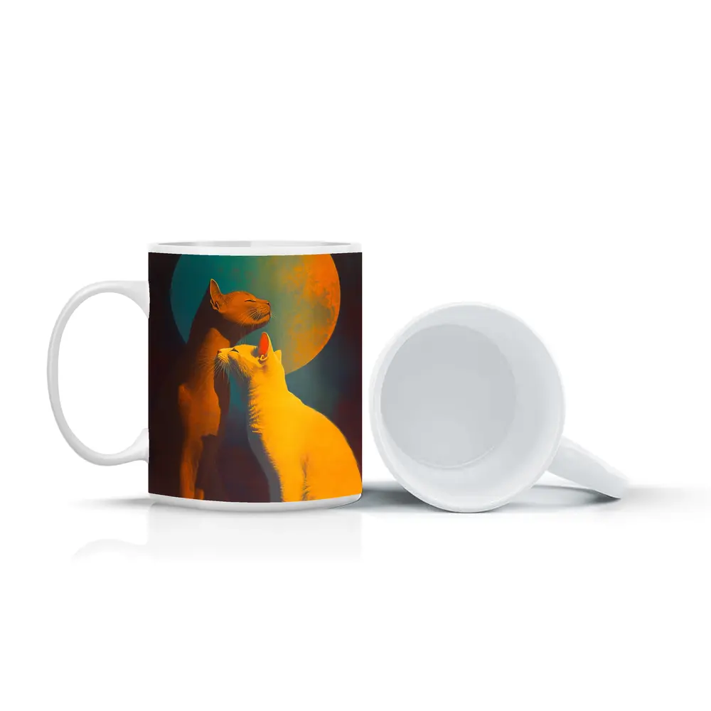 Two Cats Gazing at Teal Moon – Mugs