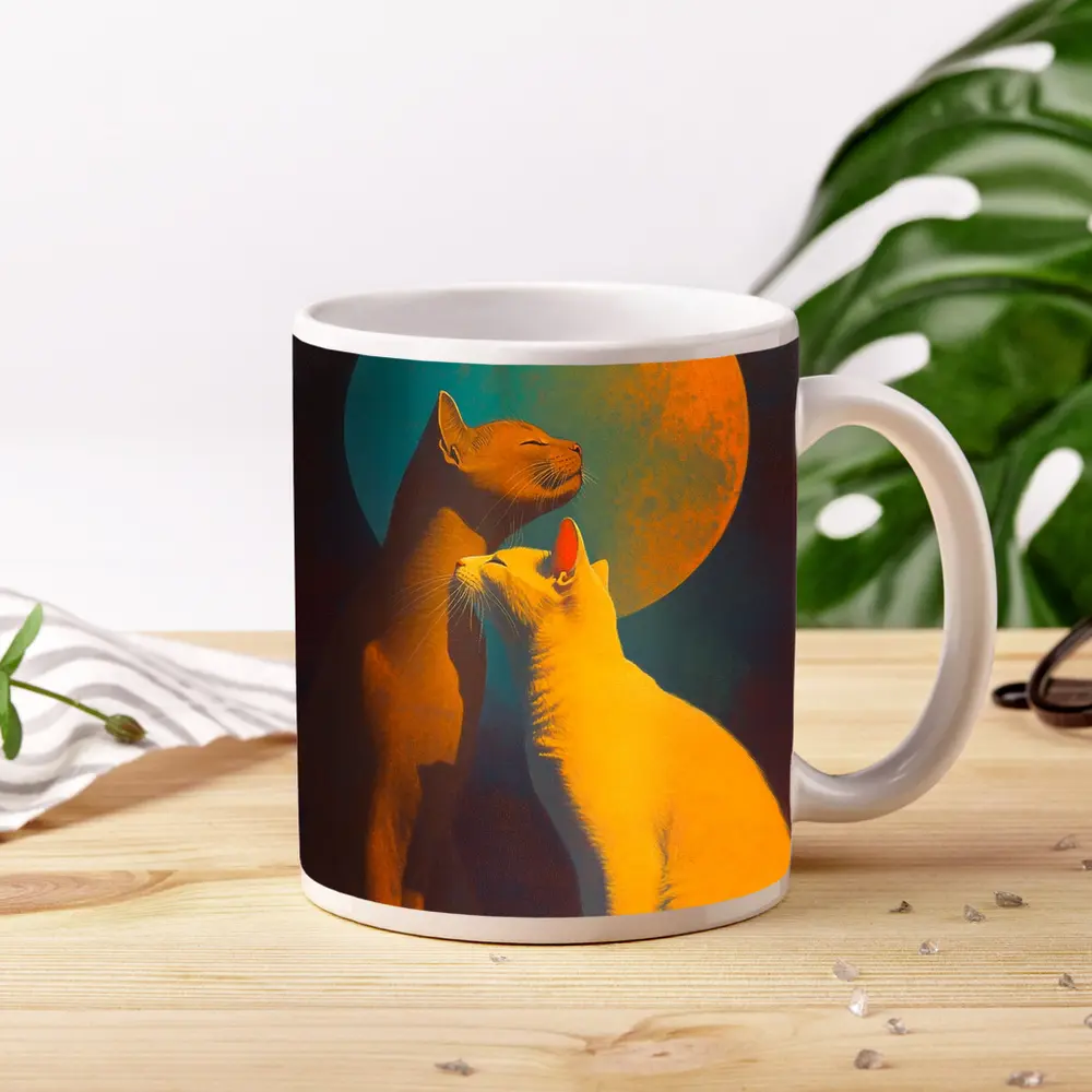 Two Cats Gazing at Teal Moon – Mugs