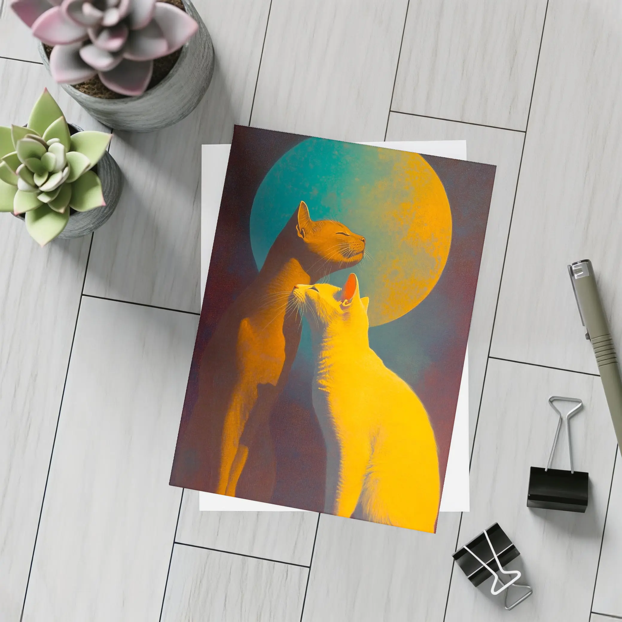 Two Cats Gazing at Teal Moon – Postcards