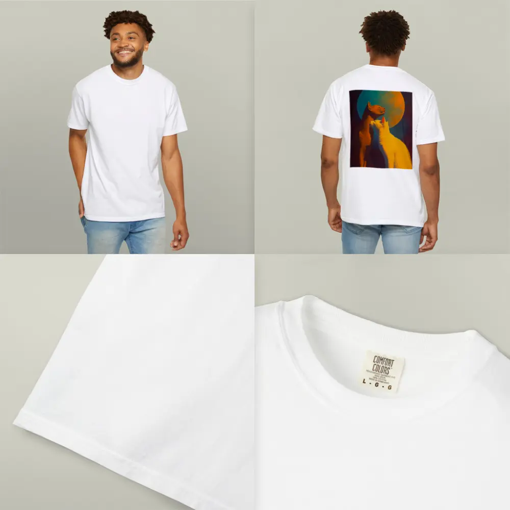Two Cats Gazing at Teal Moon – T-Shirts