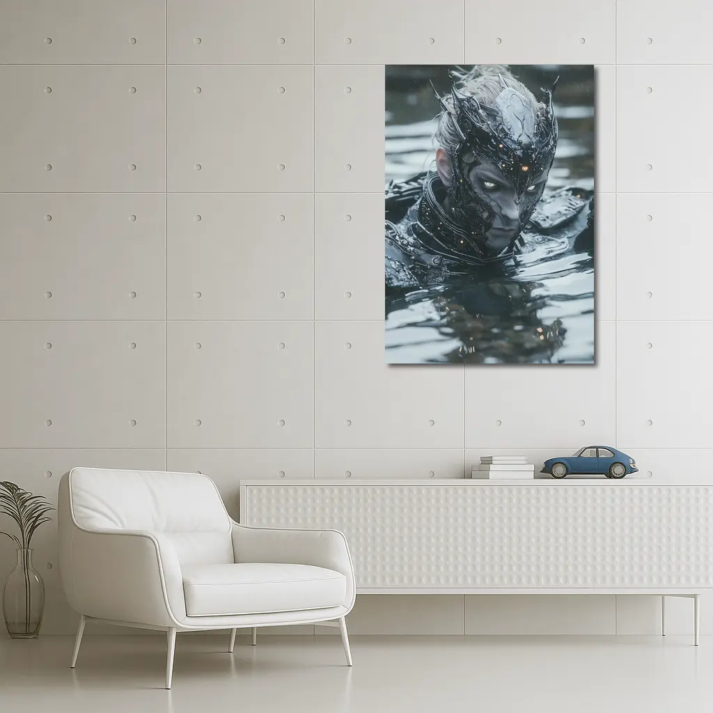 Dark Armored Warrior Rising From Water – Wall Art